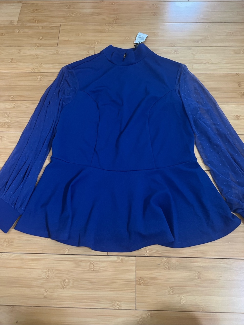 Ashley Stewart Royal Blue Peplum Top with Sheer Dot Sleeves